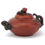 Chinese Yixing naturalistic terracotta teapot with fruit design knop, 20cm in length