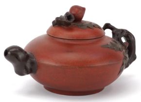 Chinese Yixing naturalistic terracotta teapot with fruit design knop, 20cm in length