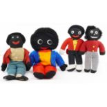 Four vintage golly soft toys including Merrythought and Diane Jones, the largest 48cm high