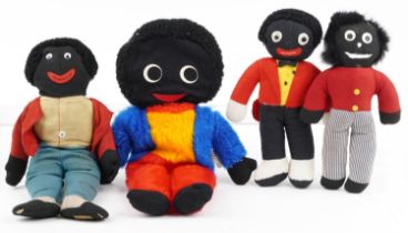 Four vintage golly soft toys including Merrythought and Diane Jones, the largest 48cm high