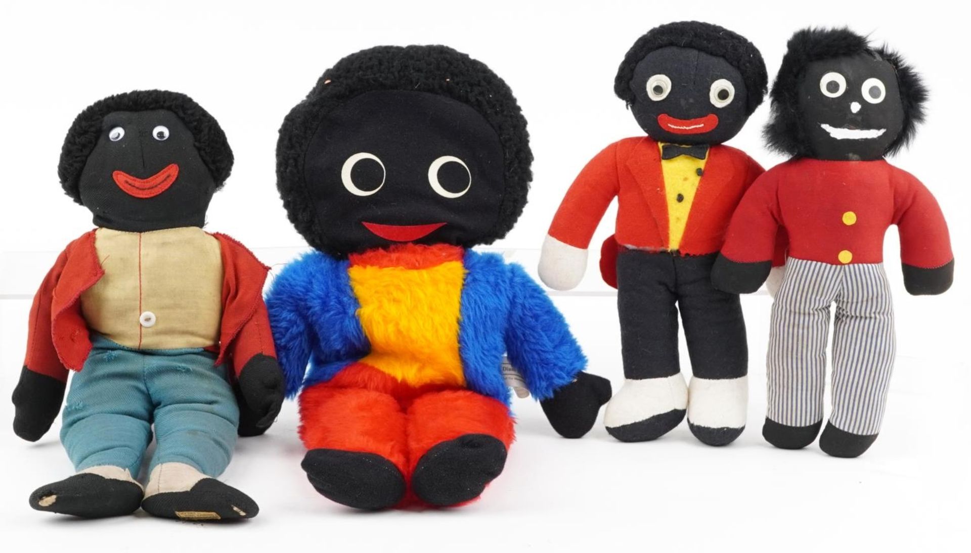 Four vintage golly soft toys including Merrythought and Diane Jones, the largest 48cm high