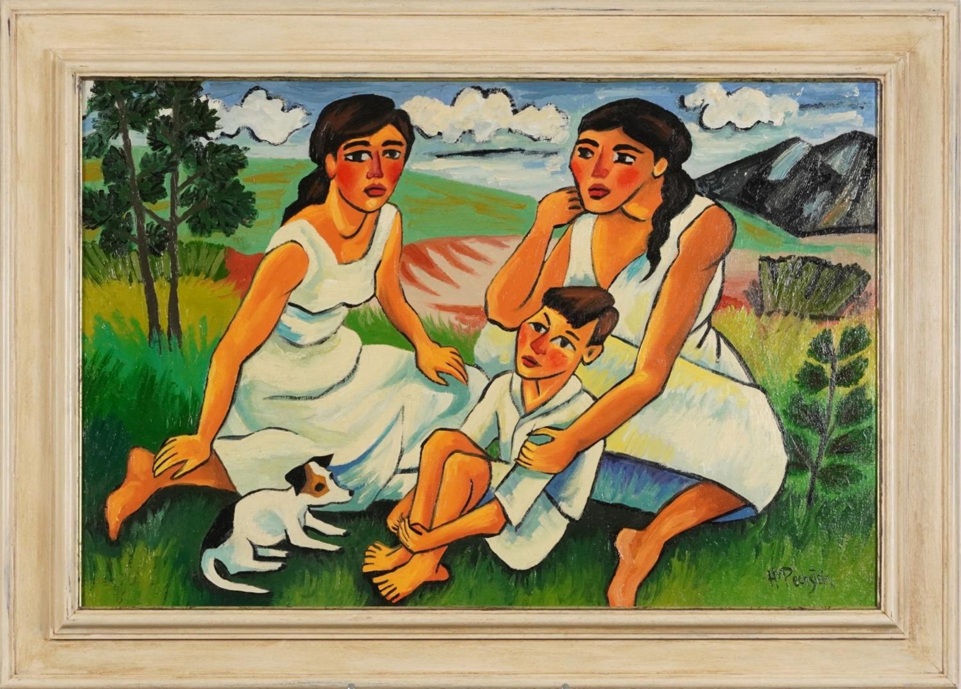 Manner of Max Pechstein - Family and dog, oil on board, mounted and framed, 59cm x 39.5cm - Image 2 of 6