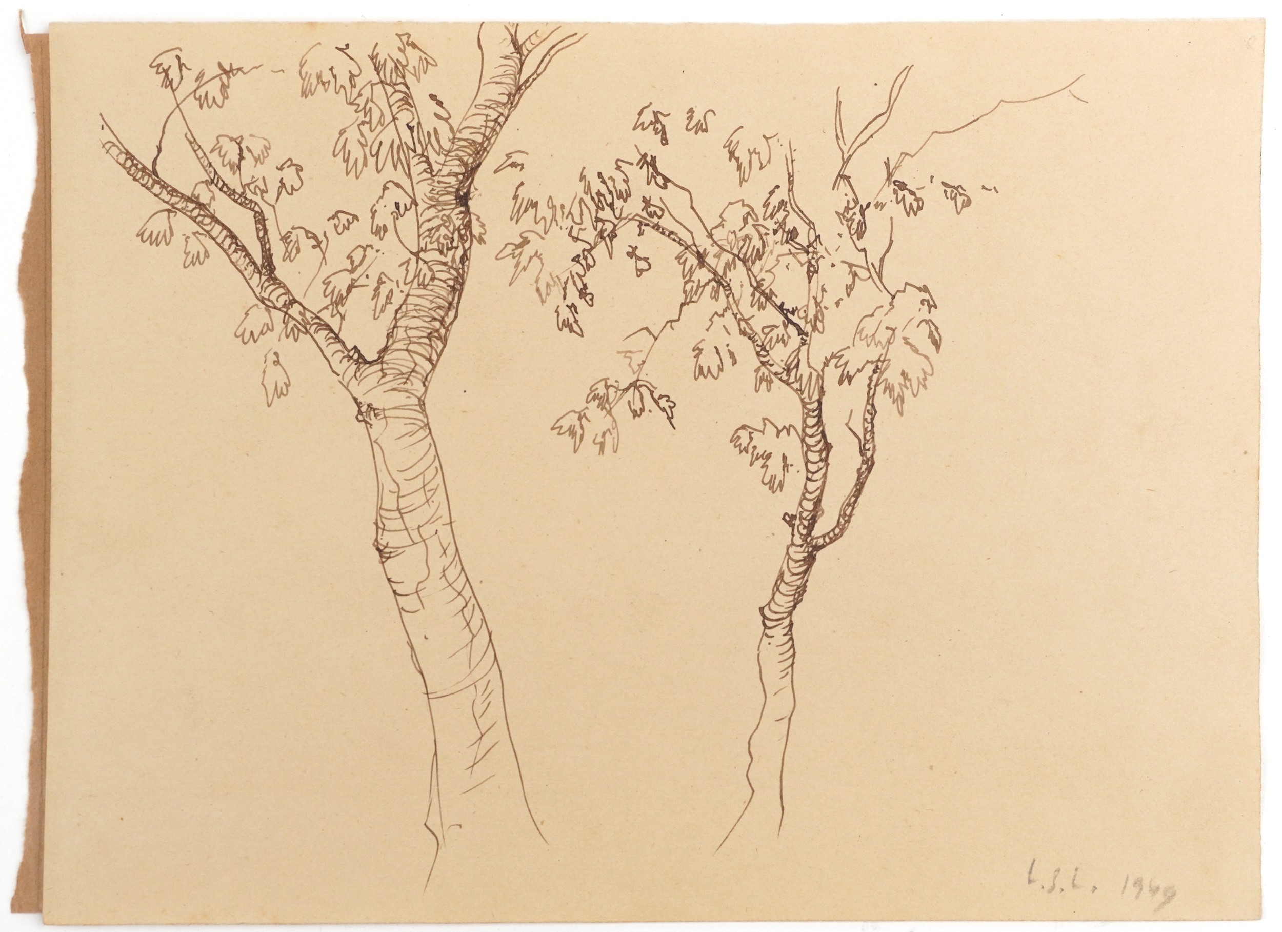 Attributed to Laurence Stephen Lowry - Figures and trees, Five ink sketches onto sketch book leaves, - Image 6 of 21