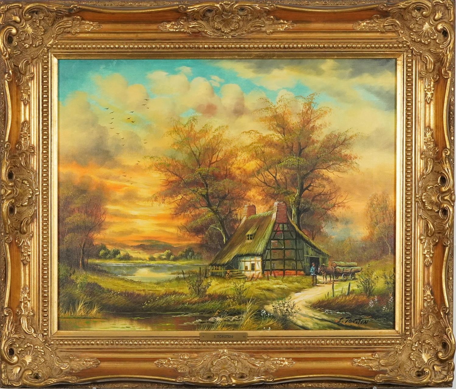 S Torsten - Cottage beside water, 19th century style oil on canvas, mounted and framed, 49cm x 39. - Image 2 of 4