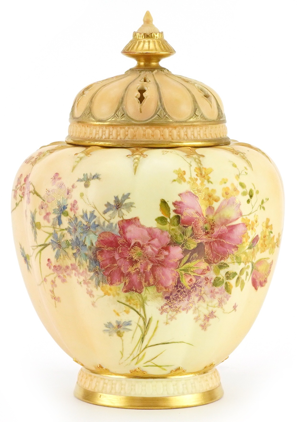 Royal Worcester, Victorian blush ivory pot pourri vase and cover decorated with flowers numbered