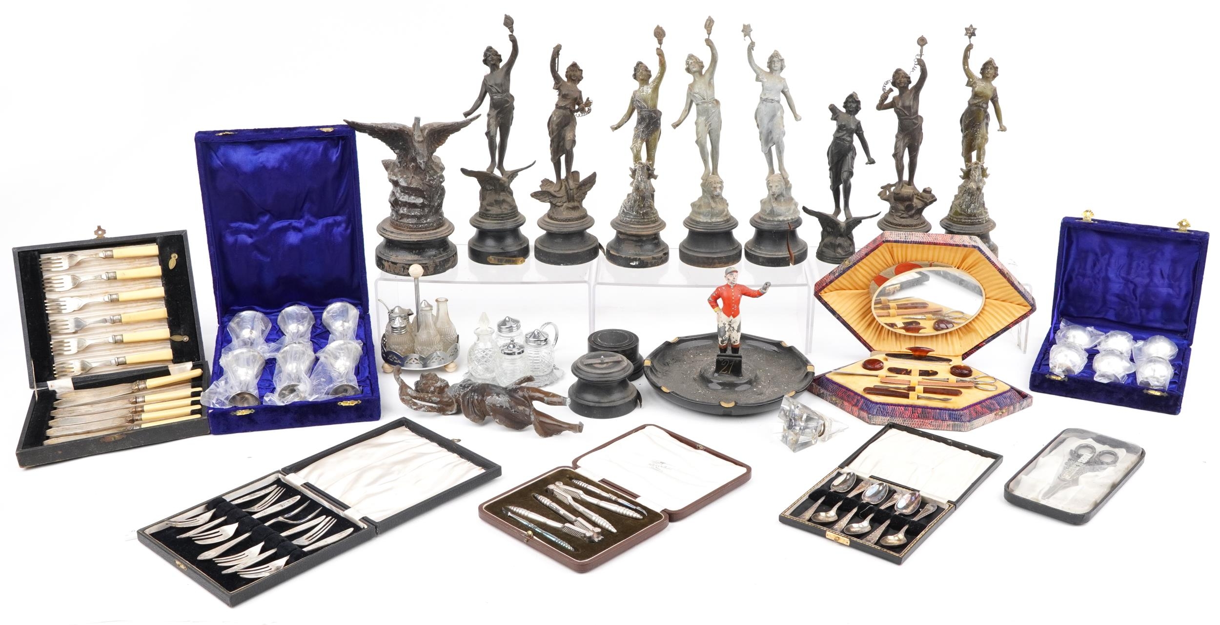 Sundry items including spelter figures, porcelain ashtray surmounted with a cold painted cast