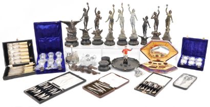 Sundry items including spelter figures, porcelain ashtray surmounted with a cold painted cast
