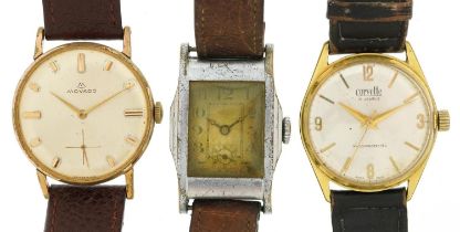 Three vintage gentlemen's manual wind wristwatches including Movado and Corvette, the largest 33mm