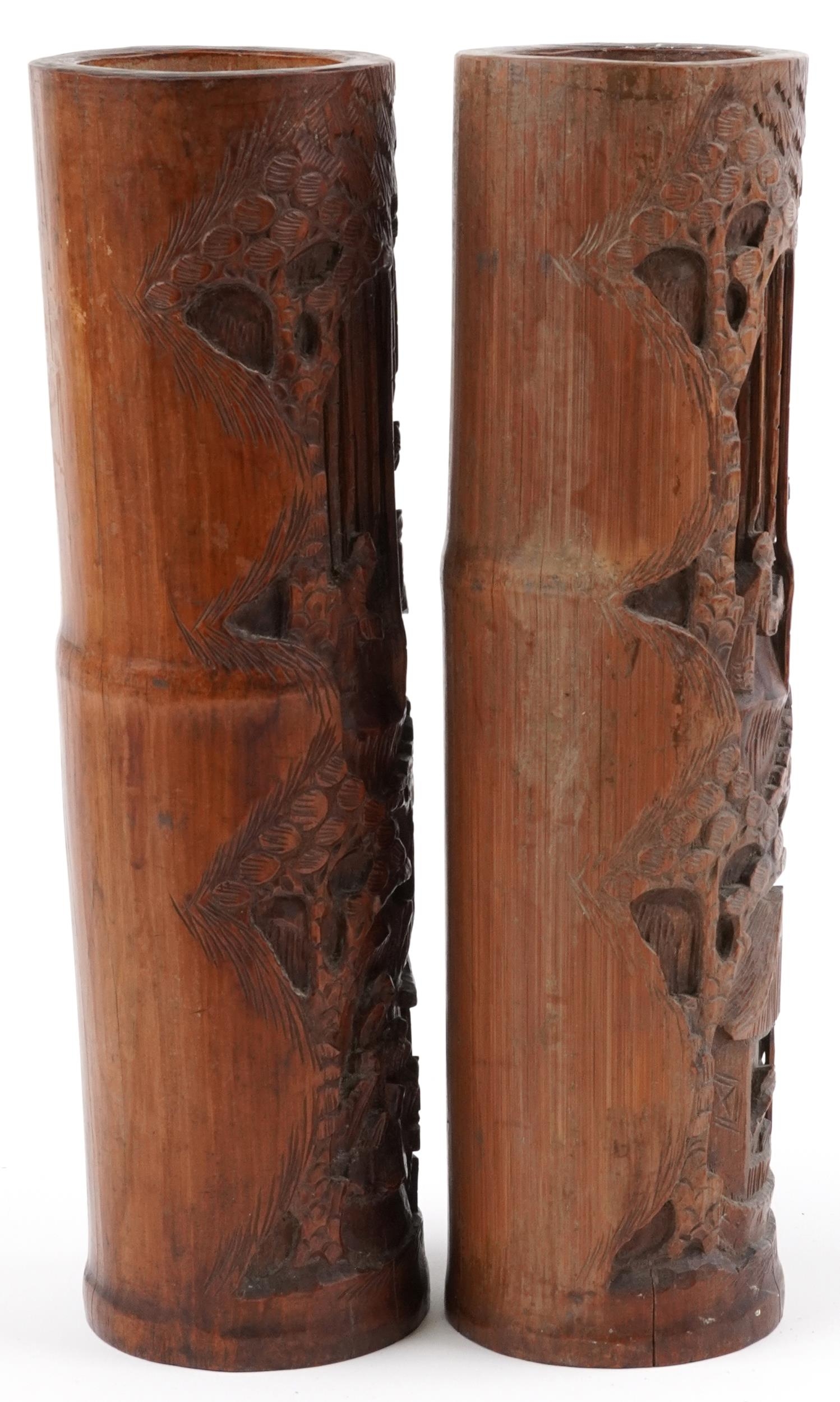 Pair of Chinese cylindrical bamboo vases carved with figures amongst trees and pavilions, each - Image 4 of 7