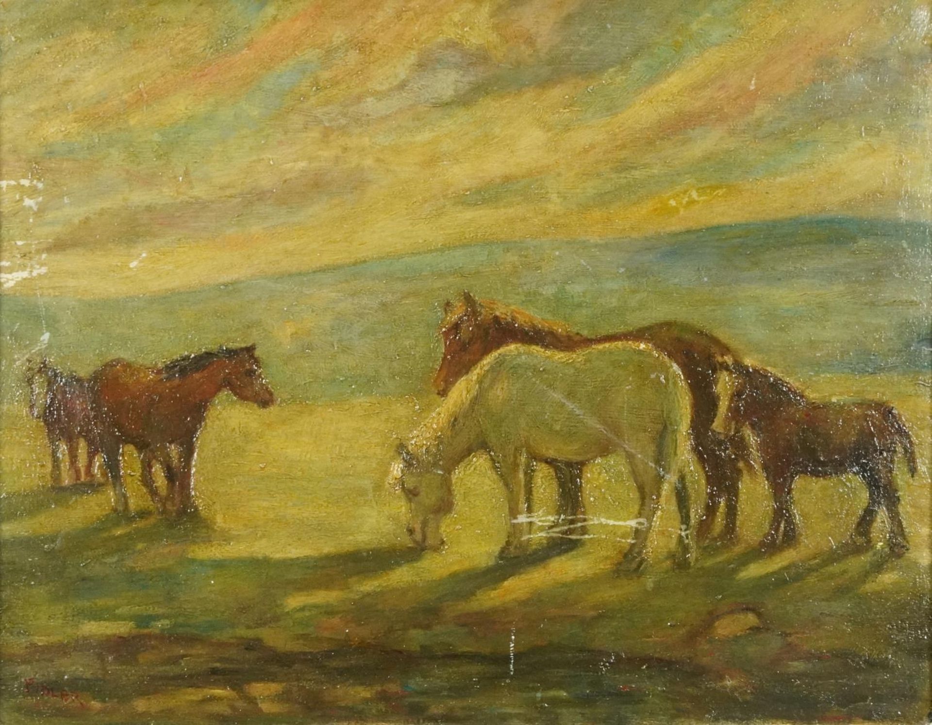 After Harry Fidler - Horses in a field, English school oil on board, mounted and framed, 56cm x 44cm