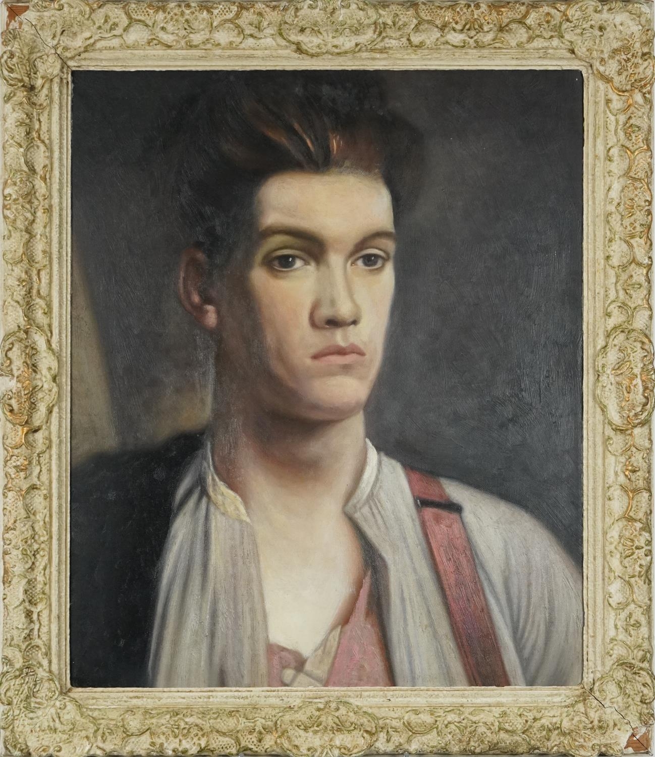 Head and shoulders portrait of a young man, post war British oil on board, inscribed Christies South - Image 2 of 4