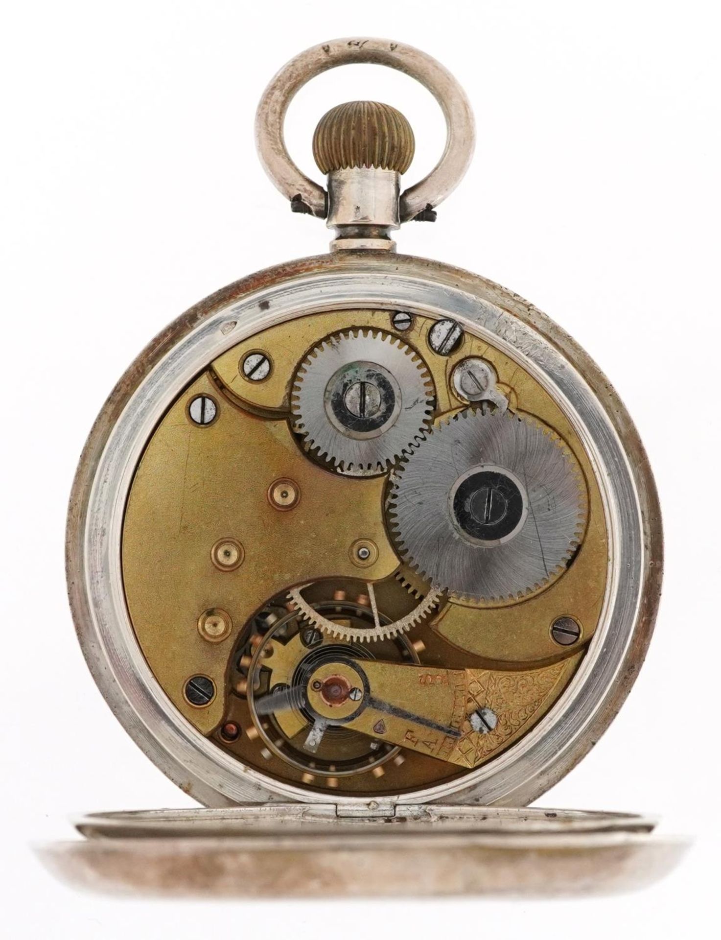 Gentlemen's silver keyless full hunter pocket watch having enamelled and subsidiary dials with Roman - Image 4 of 5