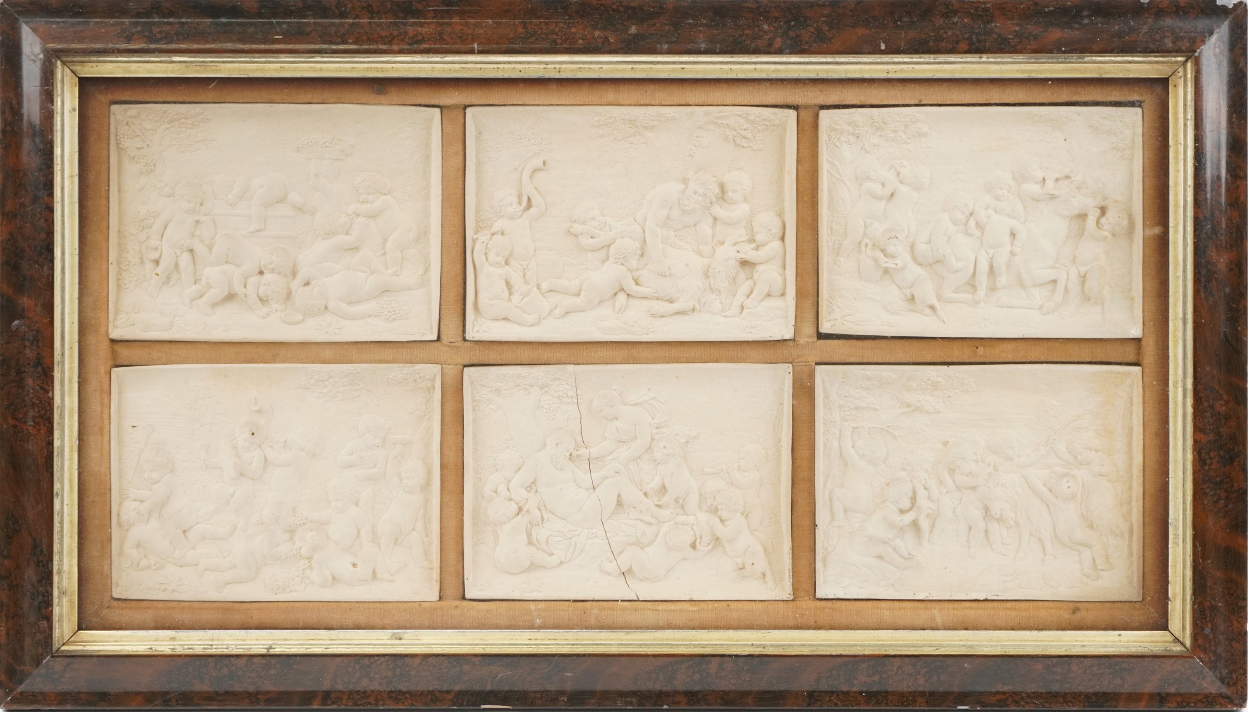 Set of six 19th century Grand Tour classical Bacchanalian panels housed in a glazed framed - Image 2 of 10