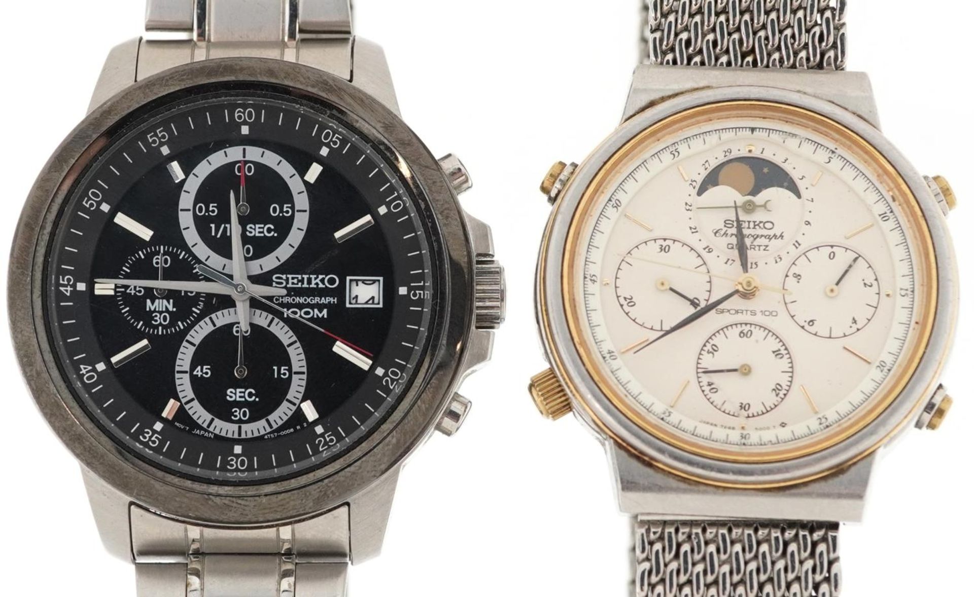 Seiko, two gentlemen's chronograph quartz wristwatches including Sports 100, the largest 43mm in