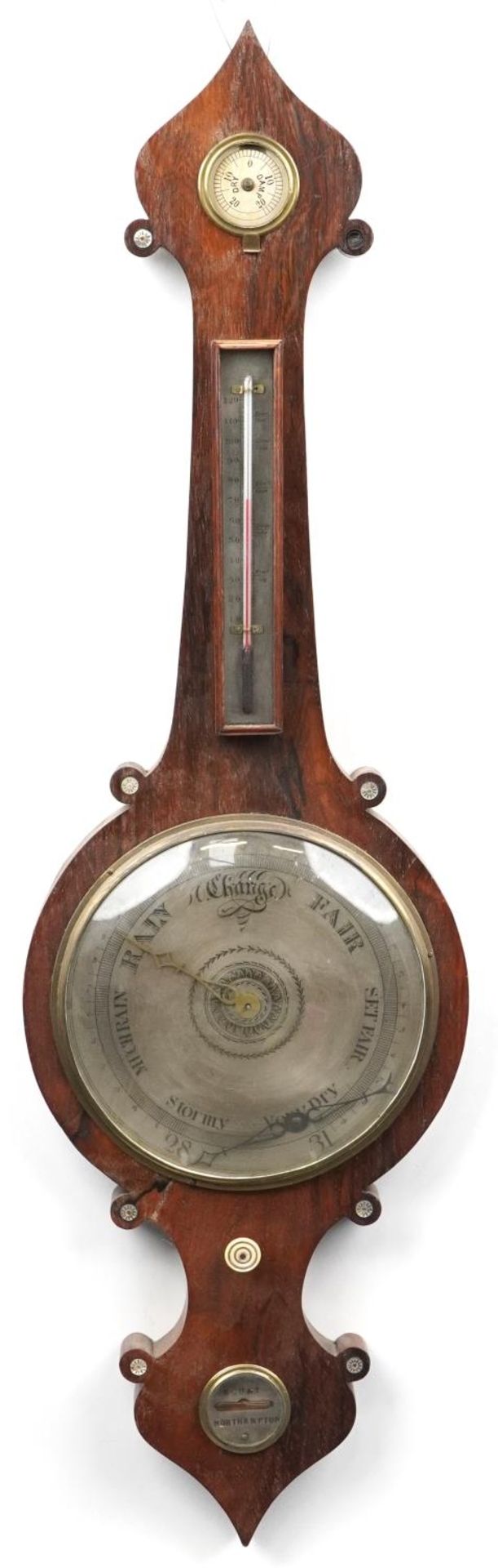 19th century rosewood banjo barometer with thermometer having silvered dials, one inscribed Blunt