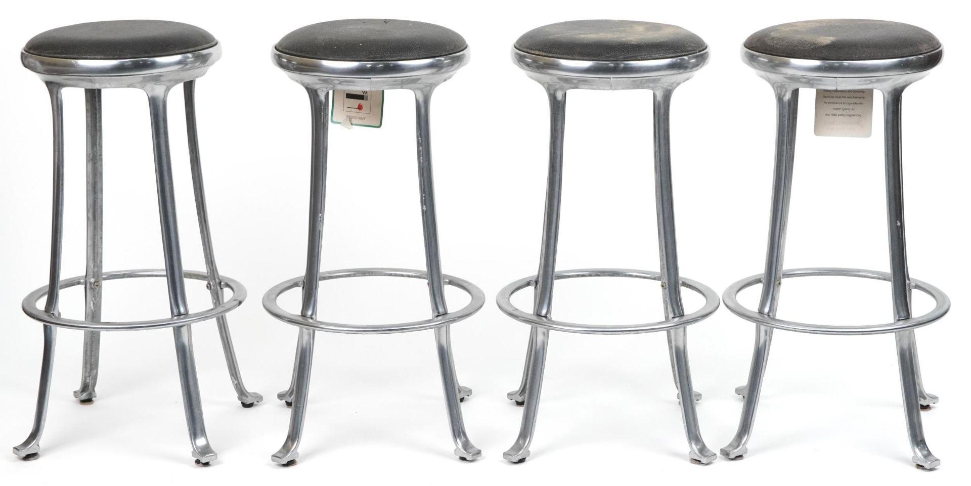 Set of four industrial chromed bar stools with black upholstered cushioned seats, 69cm high - Image 3 of 4