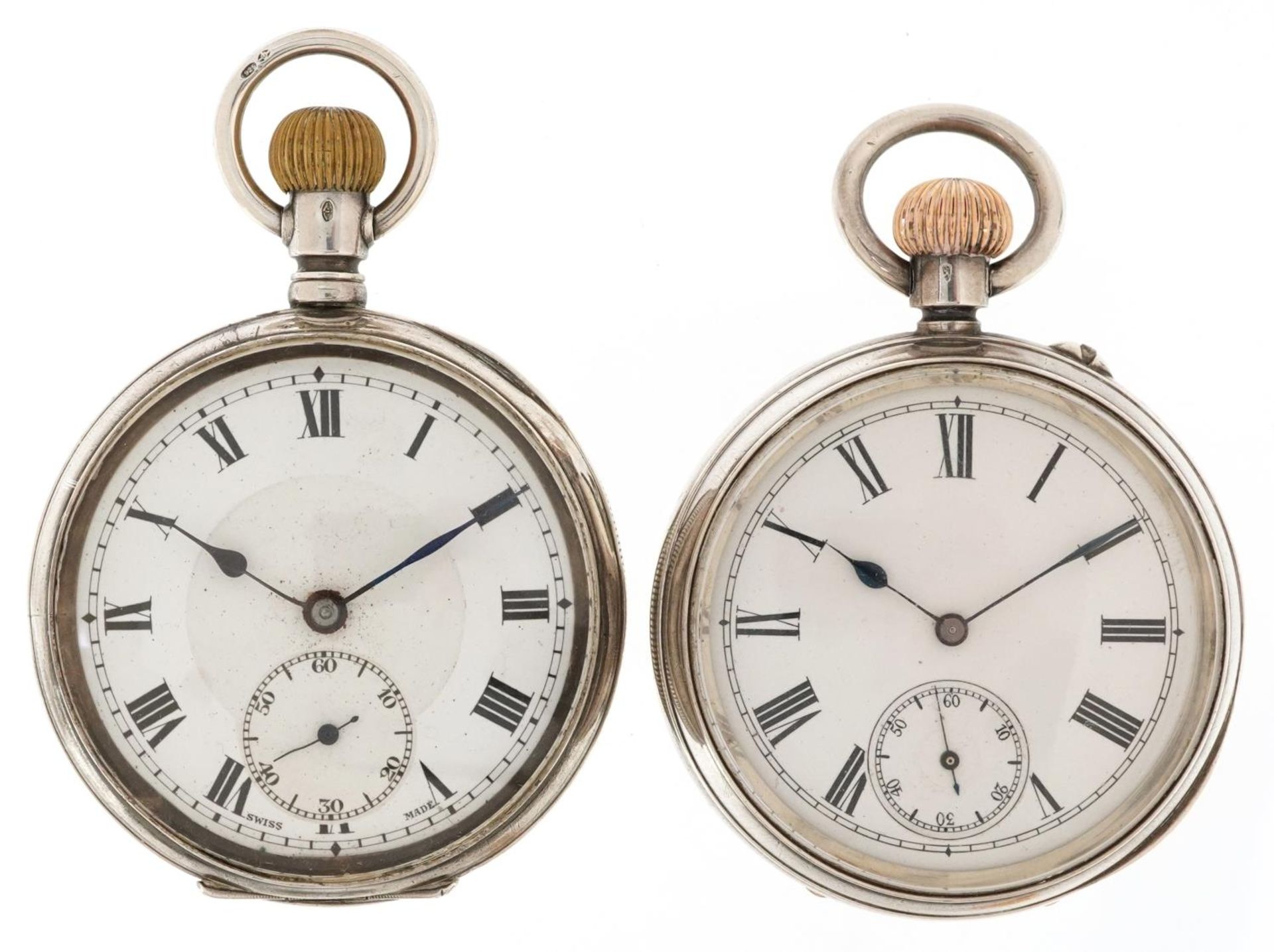 Two gentlemen's silver open face keyless pocket watches, each having enamelled and subsidiary