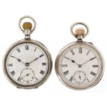 Two gentlemen's silver open face keyless pocket watches, each having enamelled and subsidiary