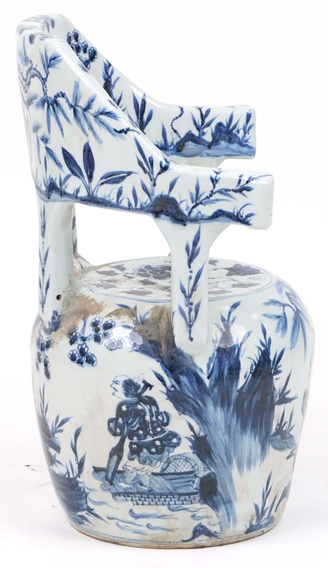 Chinese blue and white porcelain garden seat hand painted with flowers, 65cm high - Image 6 of 7