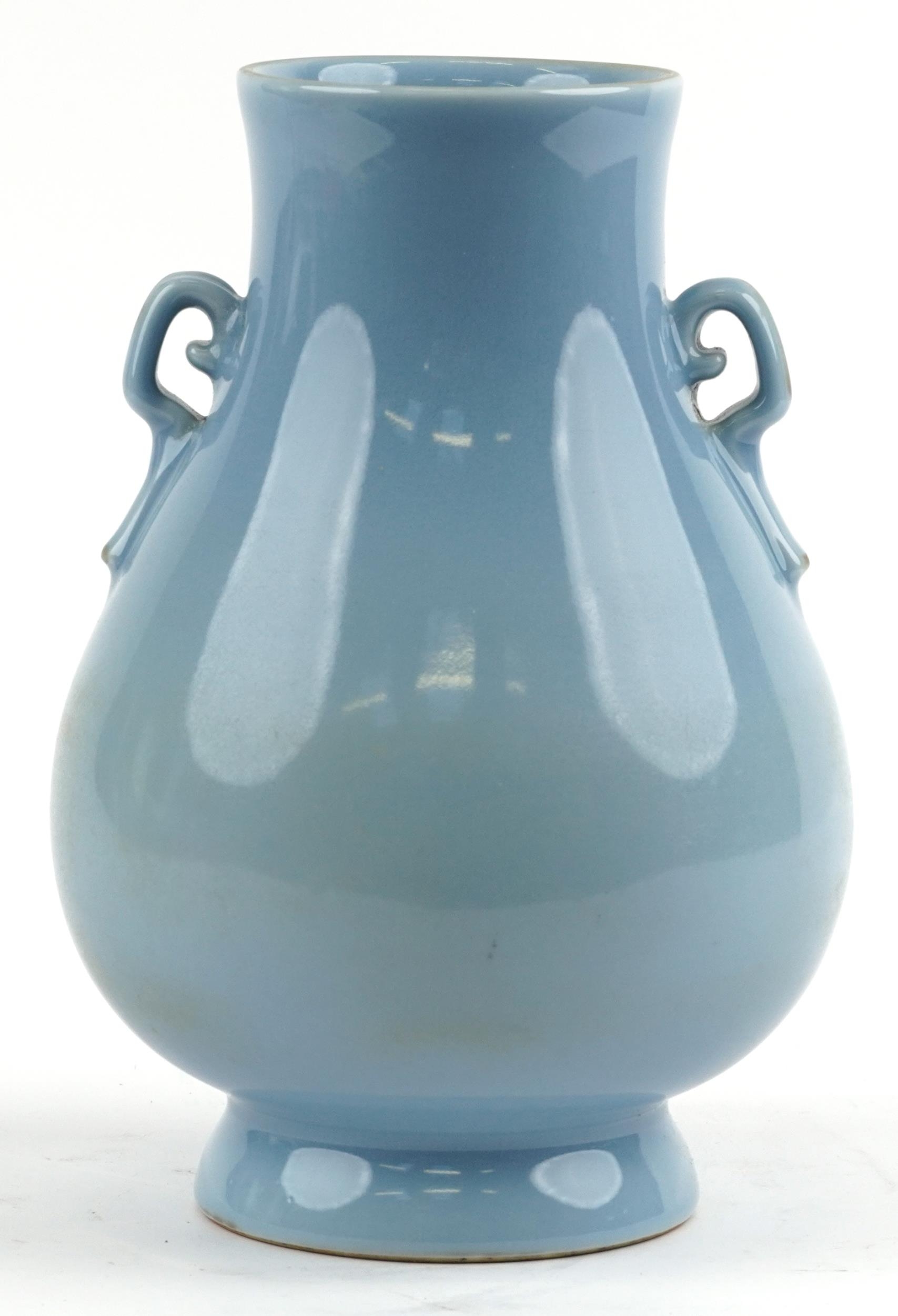 Large Chinese porcelain vase having a clair de lune type glaze with twin handles, six figure - Image 3 of 7
