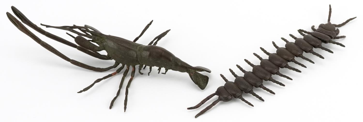 Two Japanese patinated bronze okimonos including an articulated centipede, the largest 14cm in - Image 2 of 5