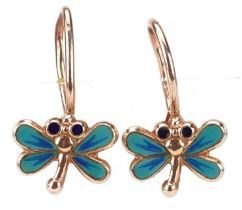 Pair of Russian 14K gold and enamel earrings in the form of dragonflies, 1.8cm high, 2.2g