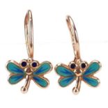 Pair of Russian 14K gold and enamel earrings in the form of dragonflies, 1.8cm high, 2.2g