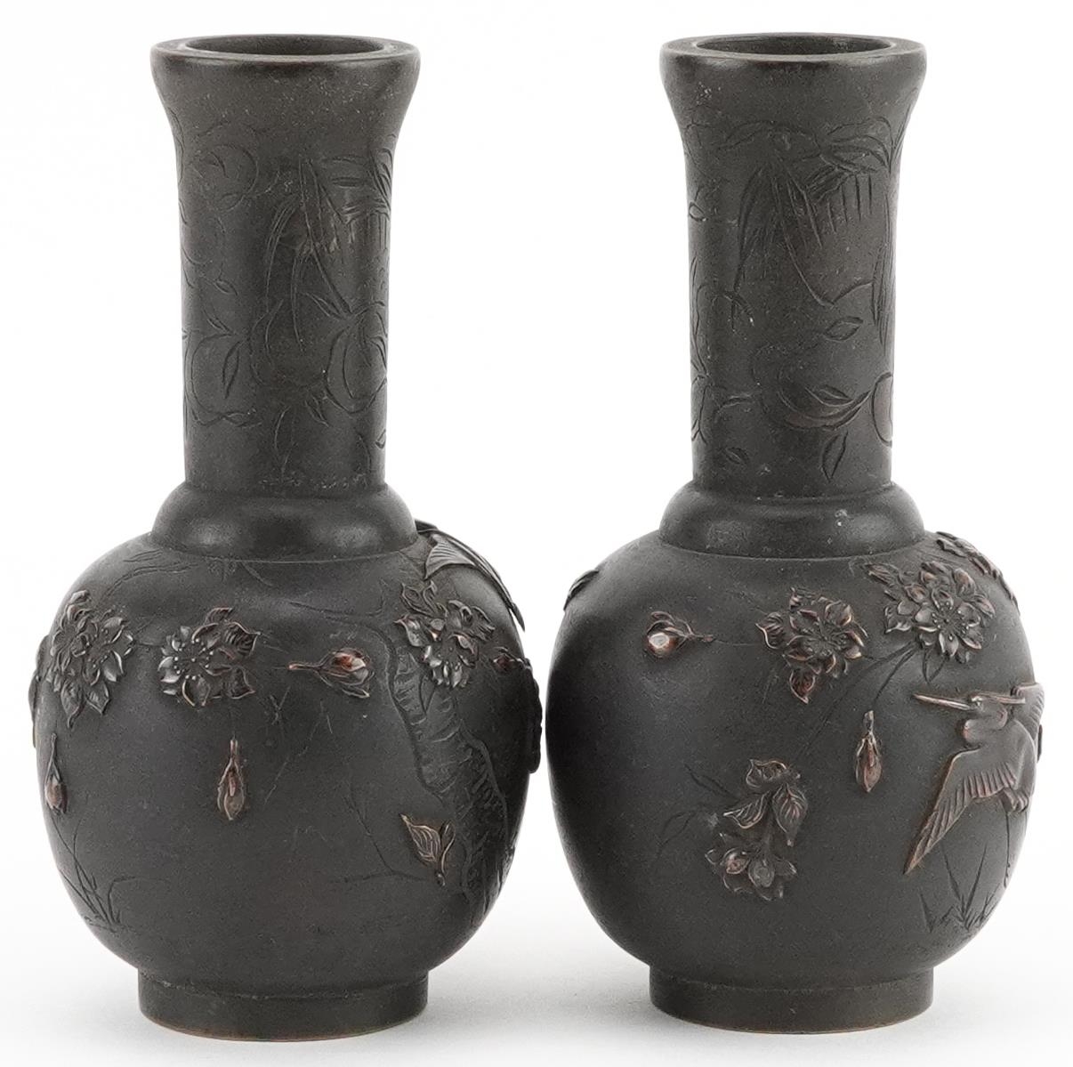Pair of Japanese bronze vases cast in relief with birds of paradise amongst flowers, each 12cm high - Image 4 of 6