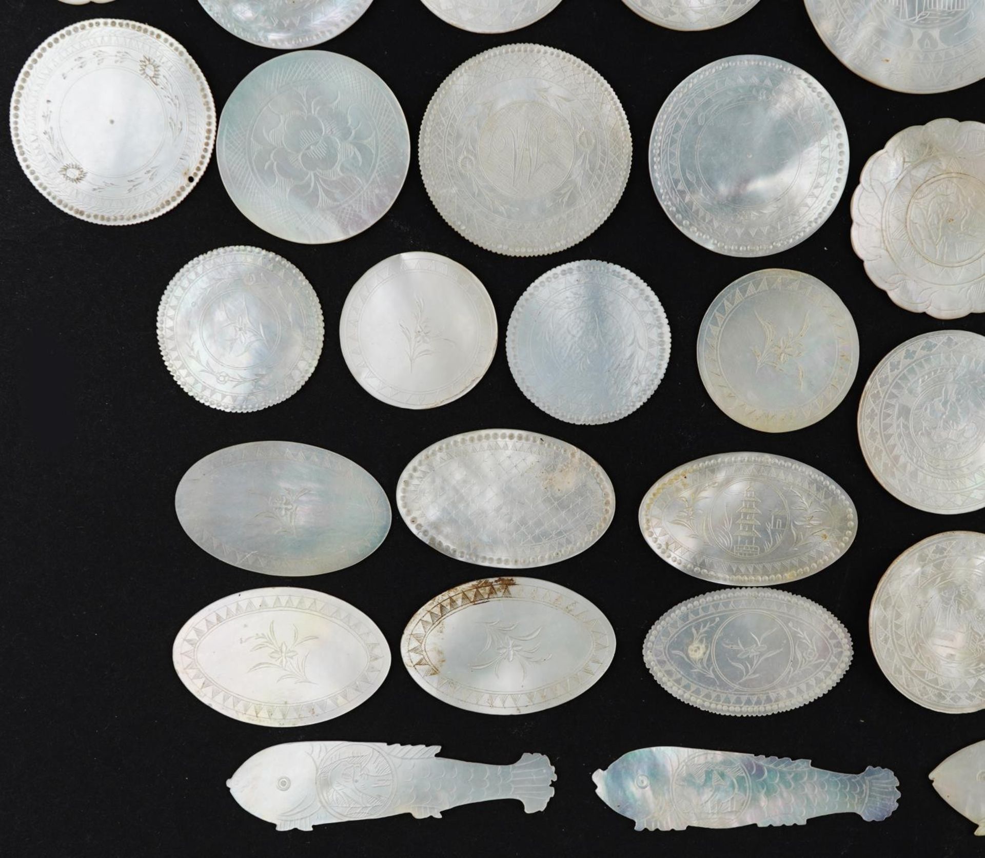 Good collection of Chinese Canton mother of pearl gaming counters carved with figures and flowers, - Image 8 of 30