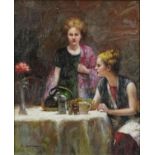 After Pina Daeni - Two females in an interior, Italian school oil on board, framed, 34cm x 27.5cm
