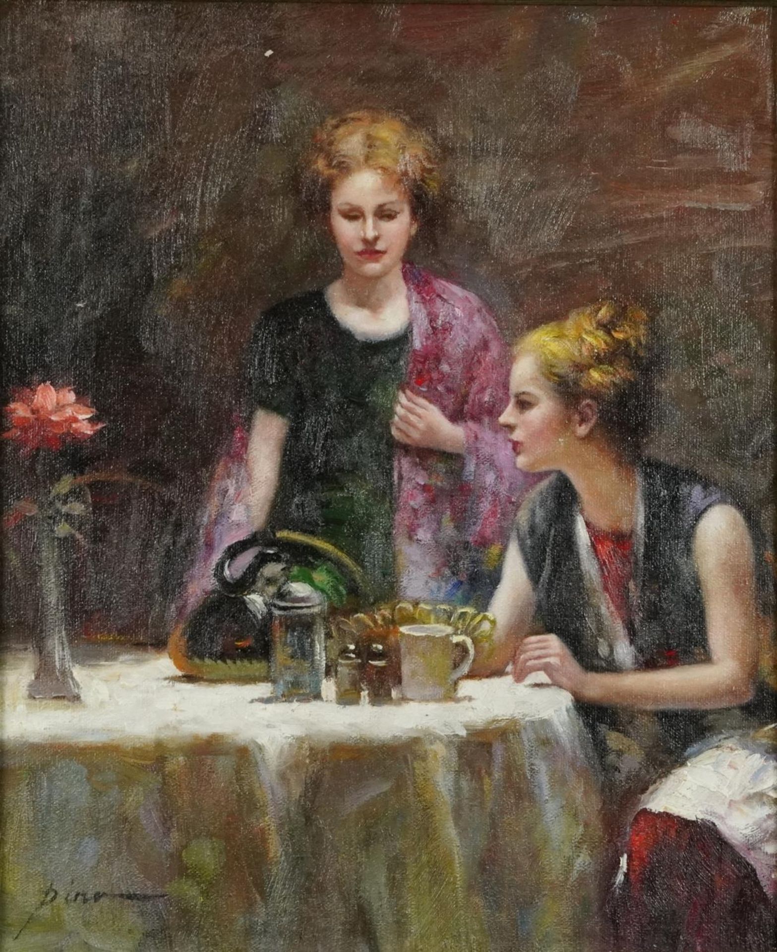 After Pina Daeni - Two females in an interior, Italian school oil on board, framed, 34cm x 27.5cm