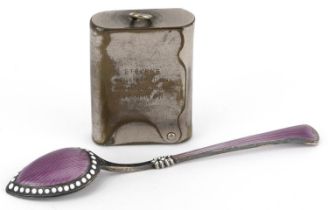 French silver guilloche enamel teaspoon and a vintage Steven's silver plated vesta, the largest 10cm