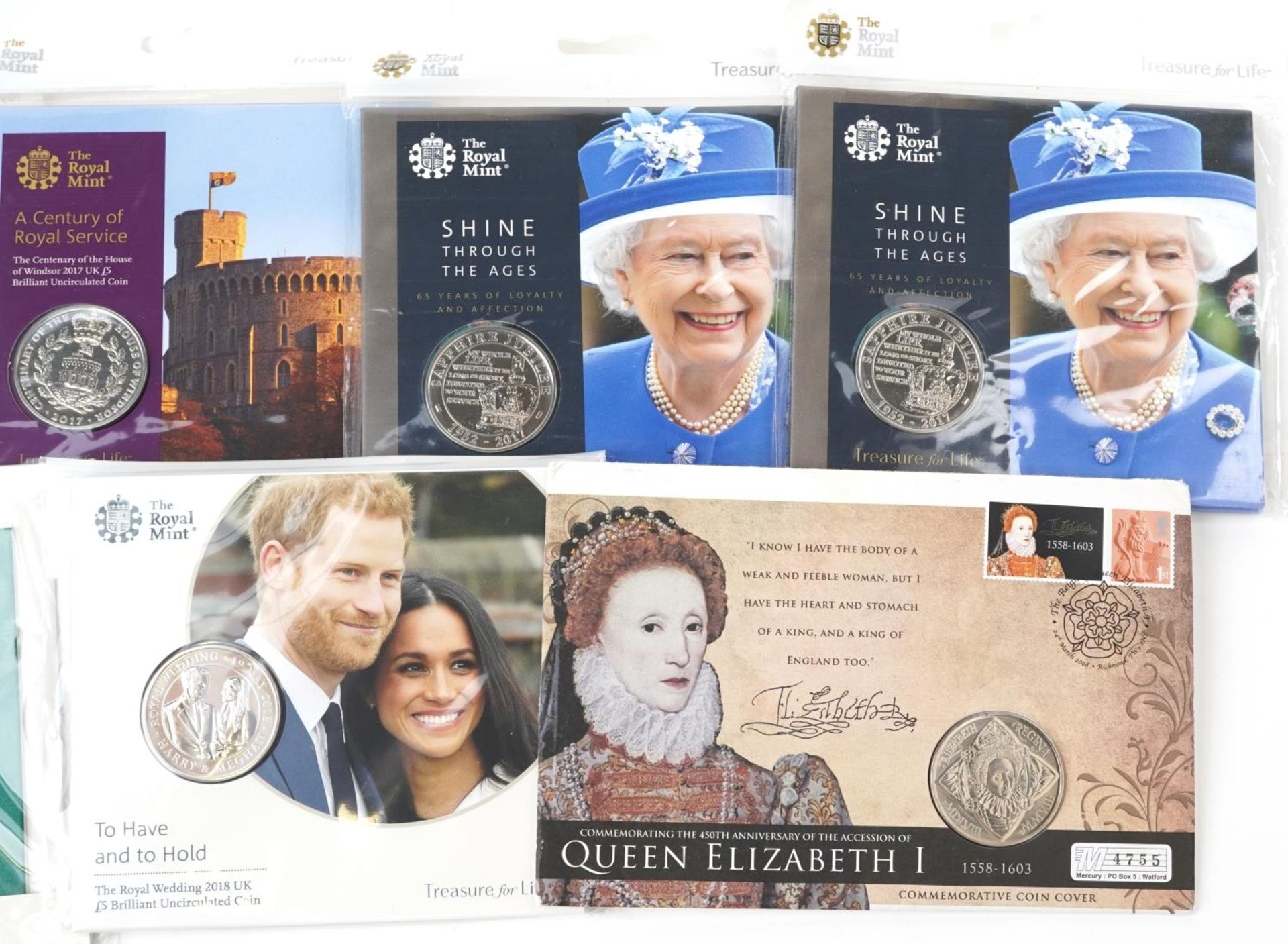 Six commemorative five pound uncirculated coins and a Queen Elizabeth I commemorative five pound - Bild 3 aus 3