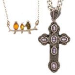 Silver jewellery comprising marcasite and amethyst cross pendant on a silver curb link necklace