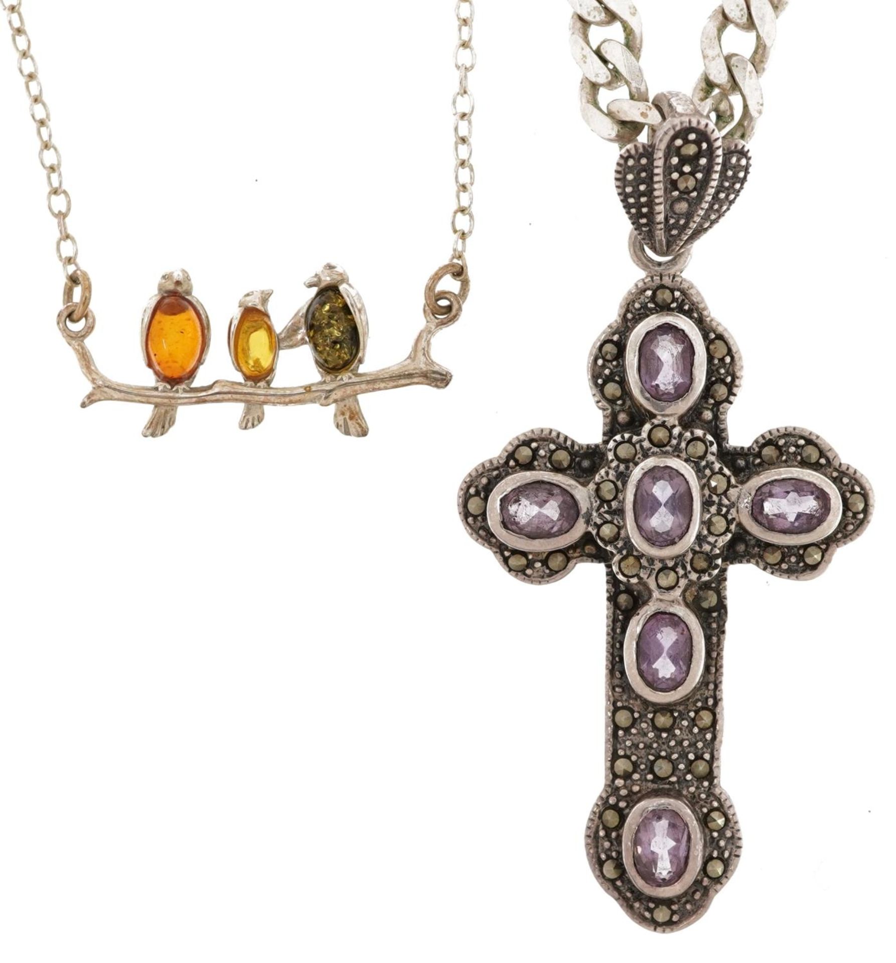 Silver jewellery comprising marcasite and amethyst cross pendant on a silver curb link necklace