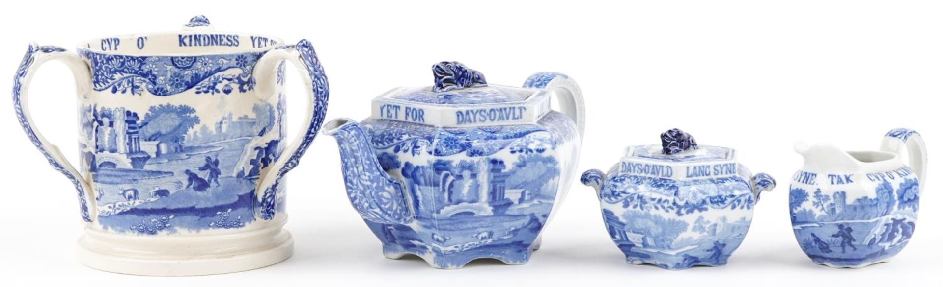 Copeland Spode Italian pattern with Olde Lang Syne motto comprising tyg and three piece tea set, the