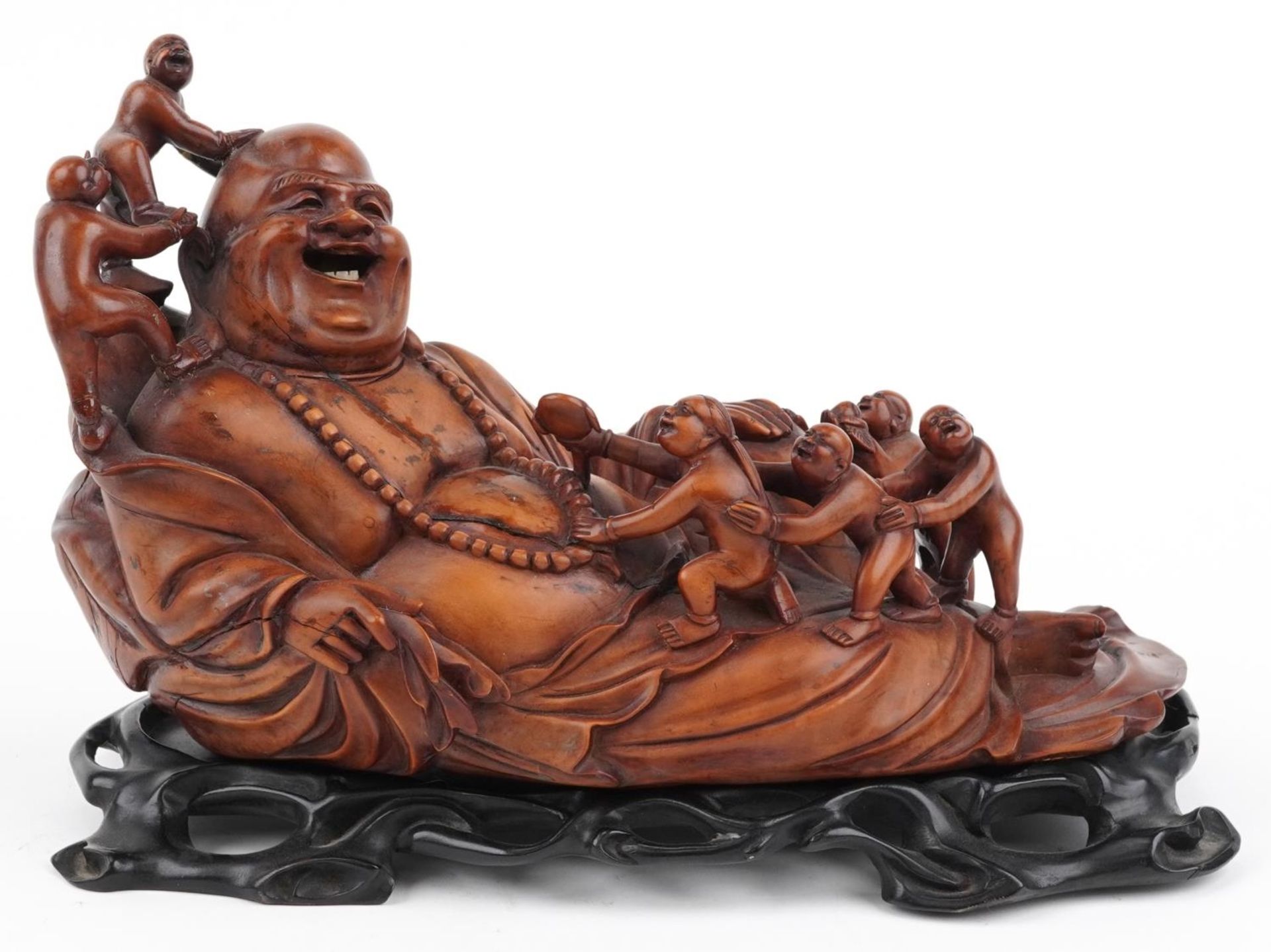 Chinese wooden and metalware including a root wood carving of Happy Buddha on stand surmounted - Image 4 of 9