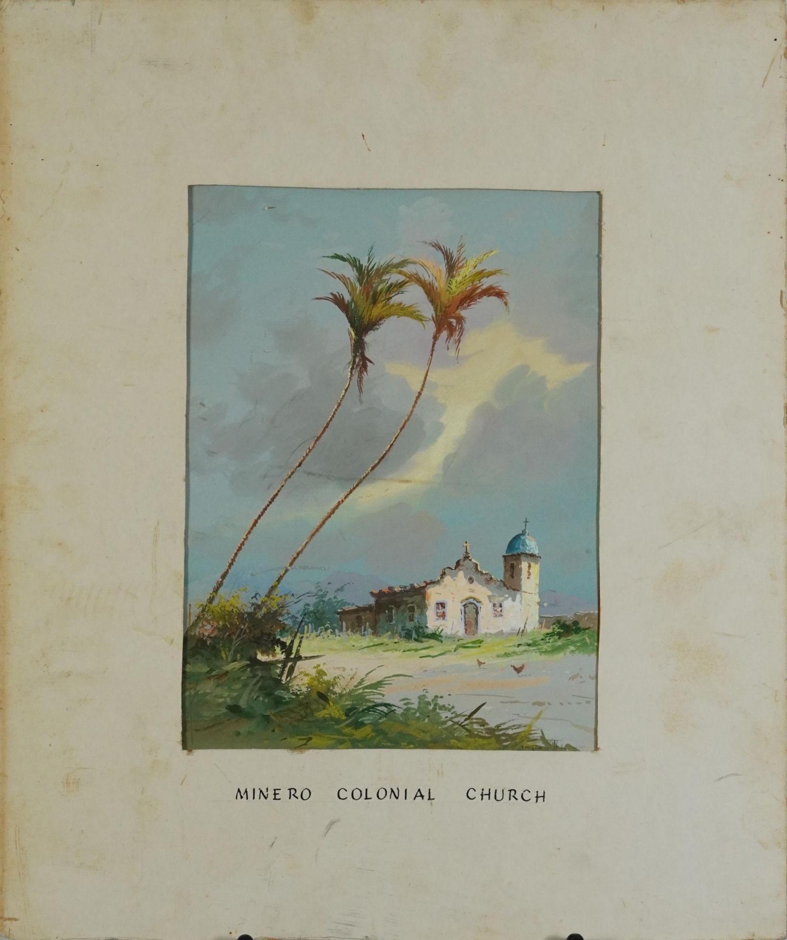 Minero colonial church, continental gouache on card, inscribed verso, mounted, unframed, 27cm x 20cm - Bild 2 aus 5