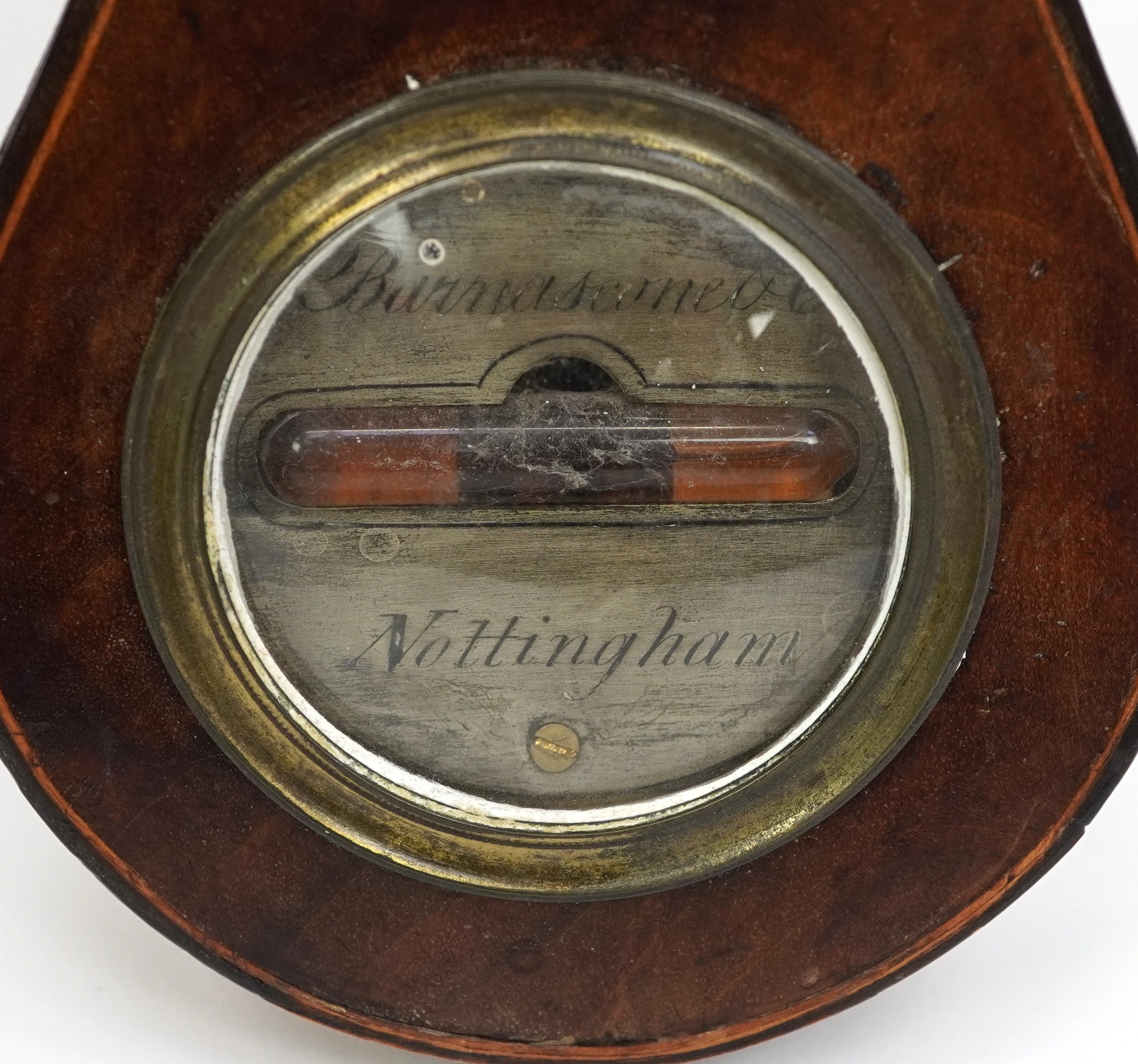 19th century inlaid mahogany banjo barometer and thermometer with silvered dials, one engraved - Image 2 of 4