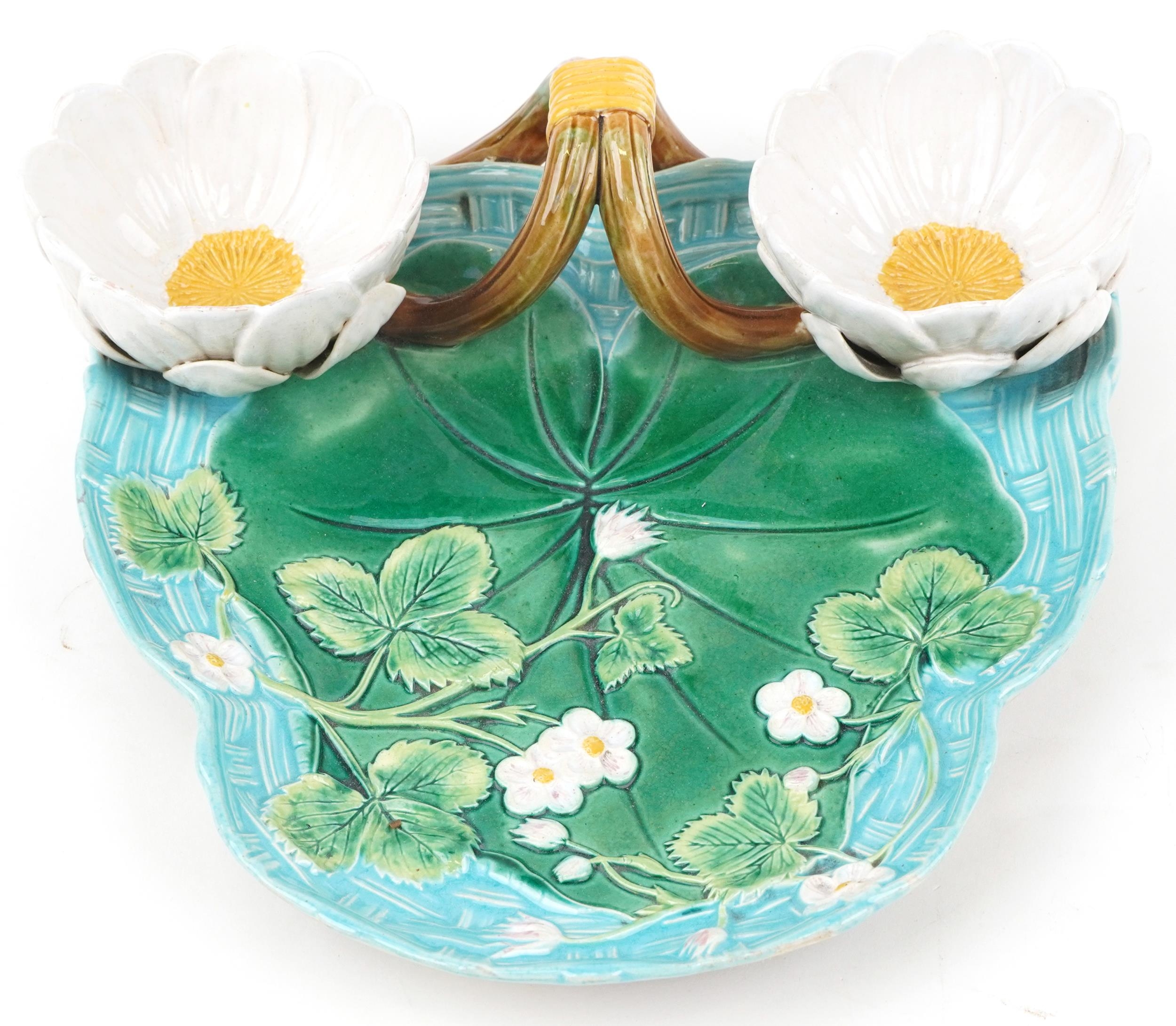 George Jones, Victorian Majolica strawberry server in the form of a lili pad with sugar and cream - Image 2 of 5