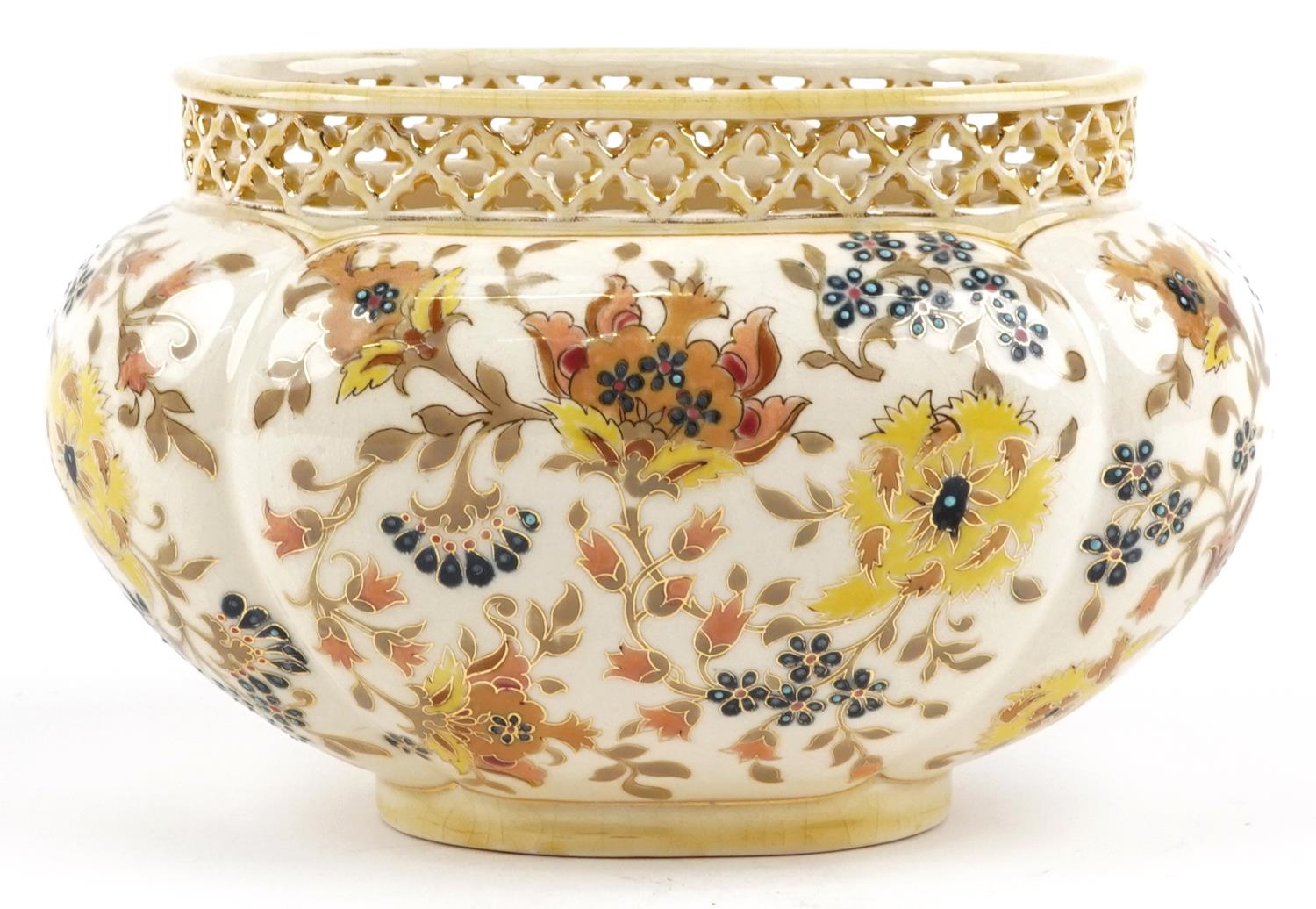 Zsolnay Pecs, Hungarian jardiniere with pierced border hand painted and gilded with flowers,