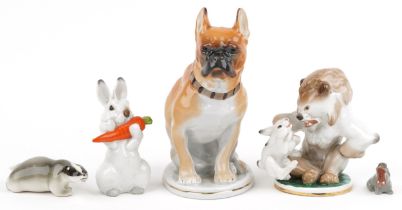 Lomonosov, Russiam porcelain including a large bulldog and comical lion and rabbit group, the