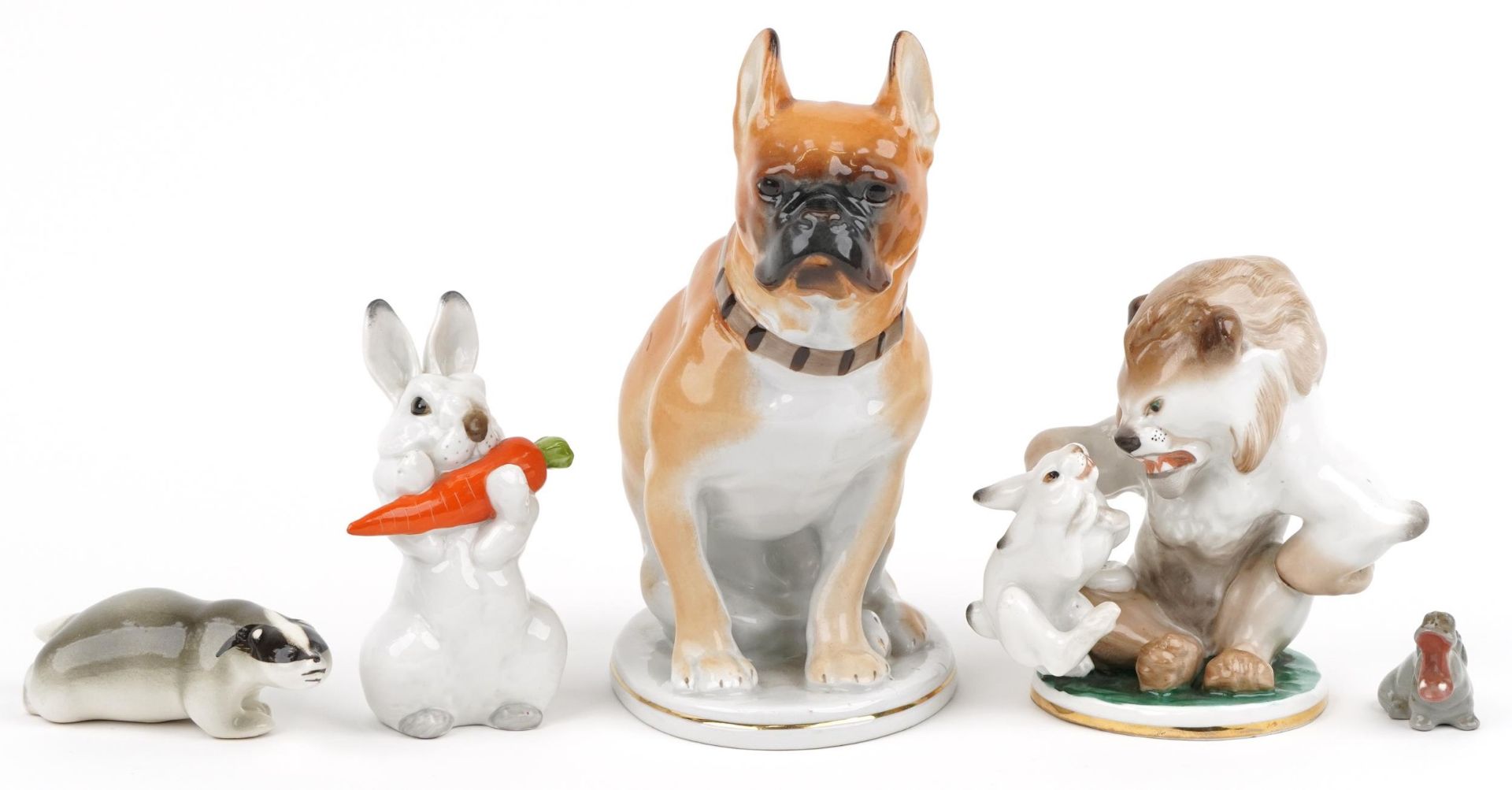 Lomonosov, Russiam porcelain including a large bulldog and comical lion and rabbit group, the