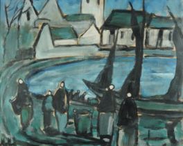 Manner of Markey Robinson - Figures beside water with boats and cottages, Irish school oil on
