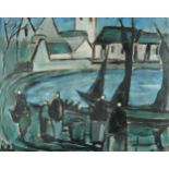 Manner of Markey Robinson - Figures beside water with boats and cottages, Irish school oil on