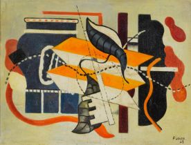 Manner of Fernand Leger - Surreal composition, geometric shapes, French school oil on board, mounted