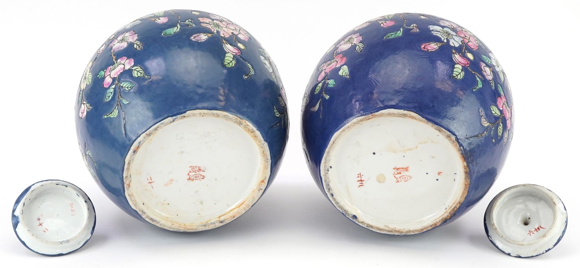 Pair of Chinese porcelain jars and covers hand painted with flowers, each 25.5cm high - Image 6 of 8