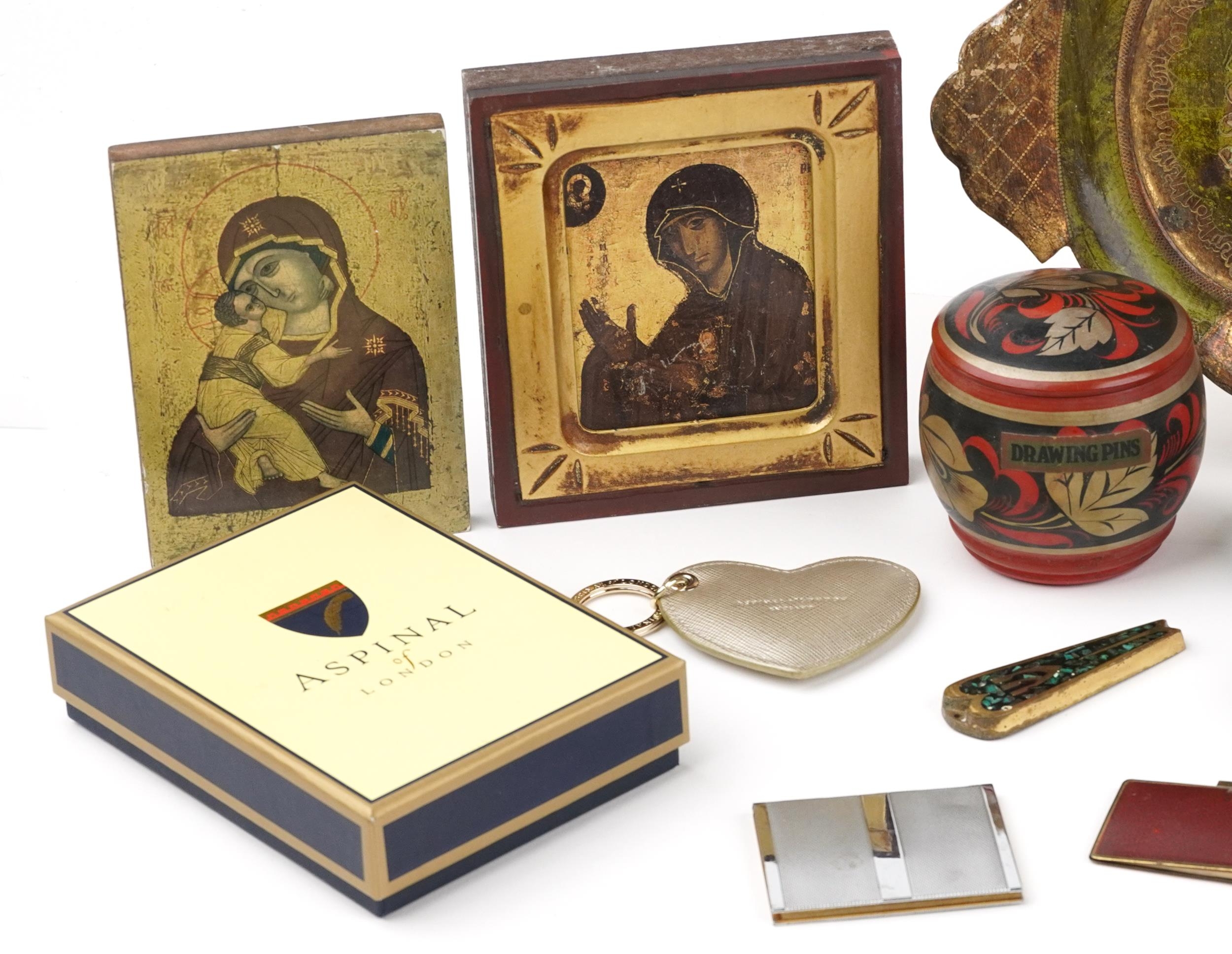 Sundry items including Aspinall of London keyring, orthodox icons and lacquered boxes, the largest - Image 2 of 3