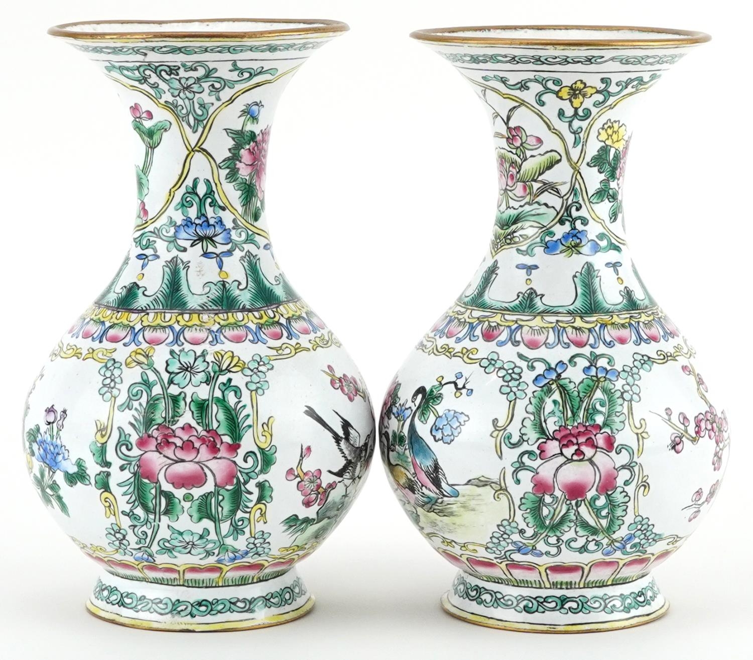 Pair of Chinese Canton enamelled vases hand painted with birds and ducks amongst flowers, each - Image 2 of 6