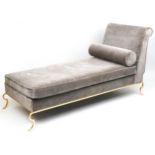 Contemporary grey upholstered chaise longue with gilt metal frame, 91cm H x 175cm W x 77cm D